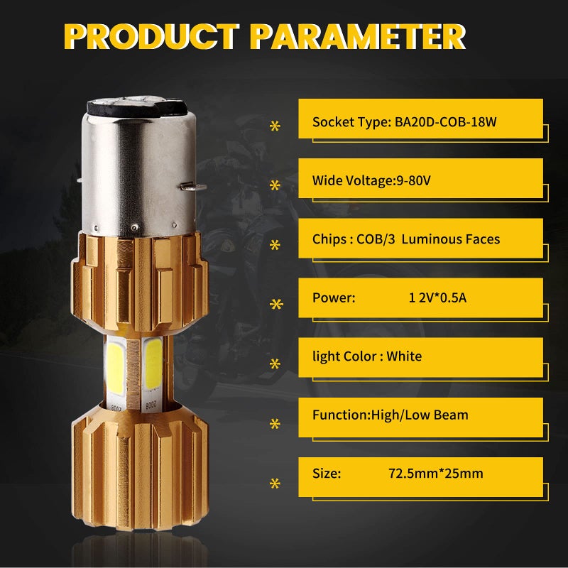 YM EBright YM E-Bright BA20D Motorcycle bulb Lamp 3 COB 18W LED Bulbs High Low Beam White Pack of 2 - Image 2